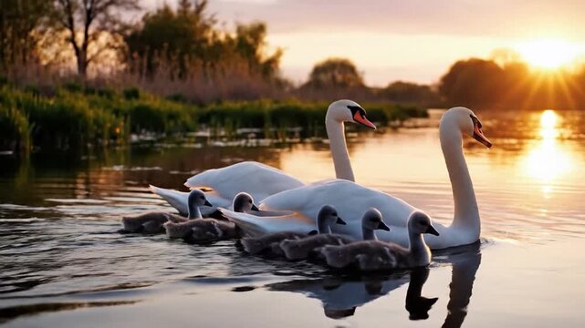 A family of white swans and their cygnets swim on a calm lake at golden hour.