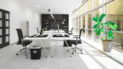 Bright office with large windows and potted plant interior