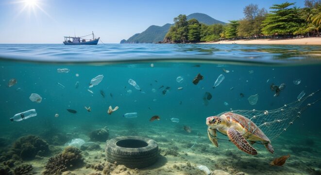 Sea turtle swimming through ocean pollution and plastic waste