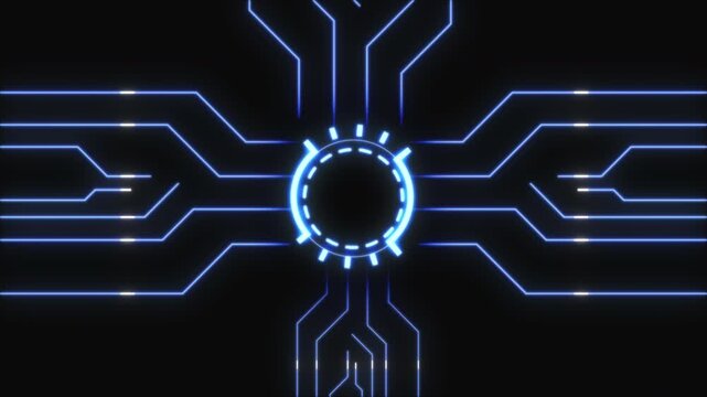 circle hud Blue neon circuit board background with glowing core data circuit. for ai technology, data processing. 4k animation 