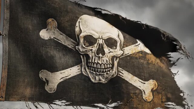 Video of a tattered pirate flag with a skull and crossbones flying high