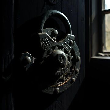 Shadows writhe around a cryptic lock, secrets held within its aged gears ,  suspense,  intrigue