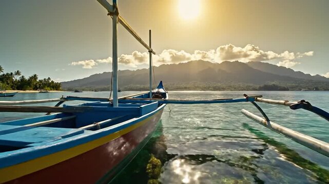 Traditional outrigger boat floats on clear tropical waters during golden hour
