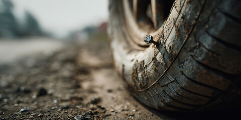 Naklejka premium Close-Up of Punctured Car Tire with Nail, Flat Tire Problem Concept