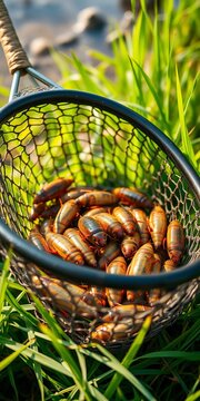 Fresh roaches in net basket on riverbank grass, good catch concept,  aquatic,  wildlife