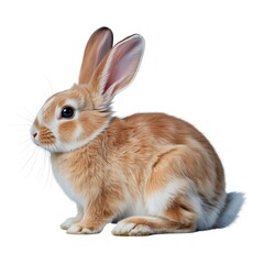 Obraz premium Adorable rabbit with orange and white fur sitting on white background with long ears and cute expression