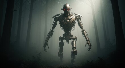 Fototapeta premium A menacing humanoid robot emerges from a misty, dark forest