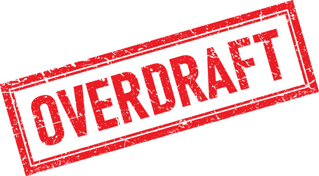 Red Overdraft Rectangular Rubber Stamp Impression with Grunge Texture on White Background