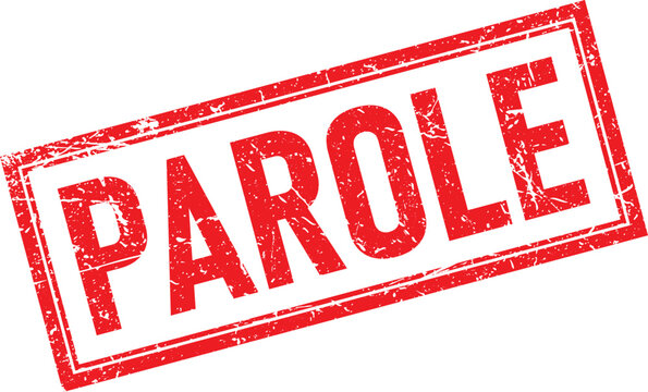 Red Distressed Parole Text Inside a Rectangular Border Rubber Stamp Effect on White
