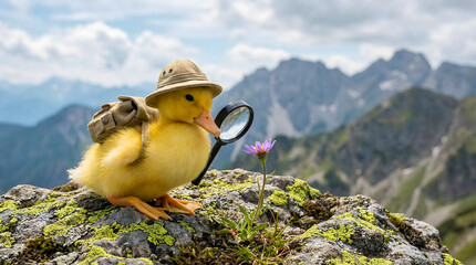 cute yellow duck with magnifying glass in the mountains exploring, cute little explorer abstract image