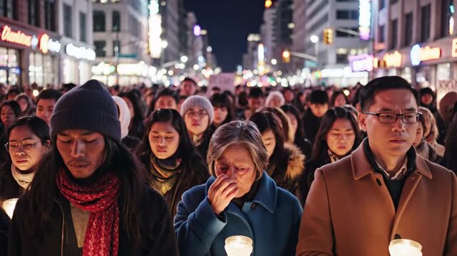 Somber crowd marching at a candlelight vigil