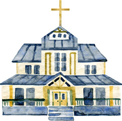 Charming watercolor illustration of a classic church or chapel. Hand-painted architectural element with a golden cross, blue roof, and cozy porch, perfect for wedding invitations and religious event 