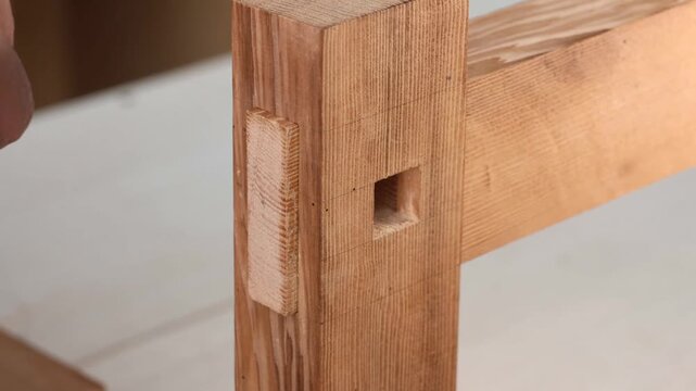 A master craftsman fits a complex double tenon joint into cedar timber
