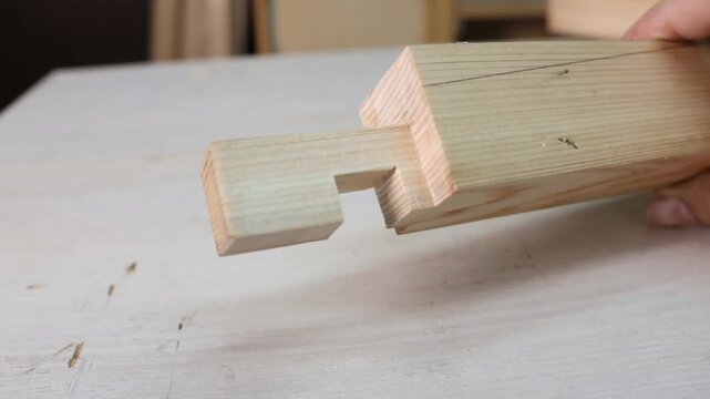 Detailed craftsmanship of a notched tenon joint for wood construction