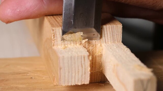 A skilled woodworker uses a chisel to refine square mortise joints
