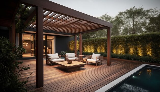a lavish side outside garden at morning, with a teak hardwood deck and a black pergola. Scene in the evening with couches and lounge chairs by the pool