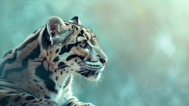 Close-up of clouded leopard looking alert in natural setting