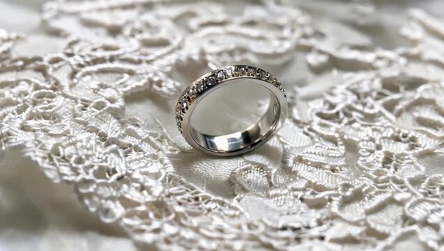 Diamond ring displayed on delicate white lace texture