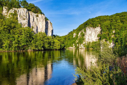 Danube river breakthrough near Kelheim, Bavaria, Germany with limestone rock formations and clear water