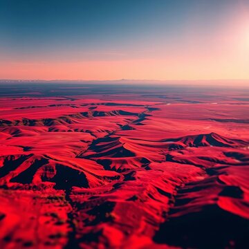 Crimson earth swaths bleed into sapphire horizons, a primal, painterly expanse,  primal landscape,  blue sky