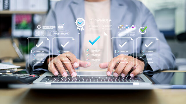 Business professional conducting quality assurance and compliance audit on digital system. Concept of certification, approval, documentation.