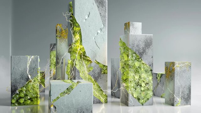 Symbolic rare earth green energy power concept, solid clean metallic structures infused with radiant mineral veins, balance between nature and technology, minimal yet optimistic composition, modern 