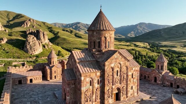 Historic stone church complex with a conical dome in a scenic valley.