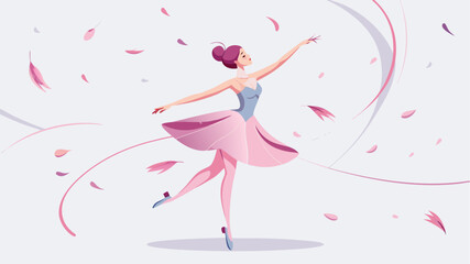 Fototapeta premium Graceful ballerina dancing in pink dress with flowing petals in soft pastel background