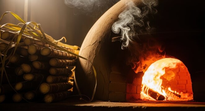 Traditional Clay Oven Burning Wood Rustic Earthen Structure Cooking Fire Warm Glow Sugarcane Stalks Fuel Source