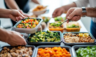 Obraz premium Healthy meal prep with various colorful vegetable dishes ready to be served.