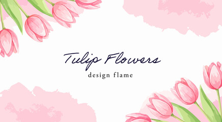 ピンクのチューリップ水彩フレーム背景｜春らしい淡色の花を上下に配置した、やさしく上品なボタニカルデザイン素材