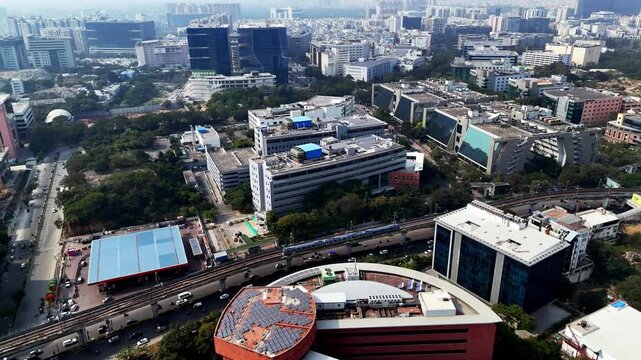 TCS Deccan Park from above&mdash;an architectural landmark in HITEC City, powering innovation amid bustling roads and Hyderabad&rsquo;s expanding tech corridor.