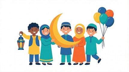 Fototapeta premium Diverse group of five children in traditional attire holding a golden crescent moon, a lantern, and colorful balloons, isolated on a white background.