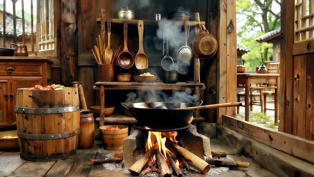 Rustic kitchen scene with cooking utensils and fire