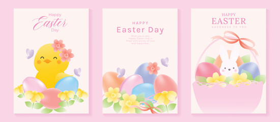 Fototapeta premium Happy Easter bunny and chick vector cover set with pastel eggs, spring flowers and cute characters on soft pink background. Sweet holiday design for greeting cards, invitations, posters and banners.