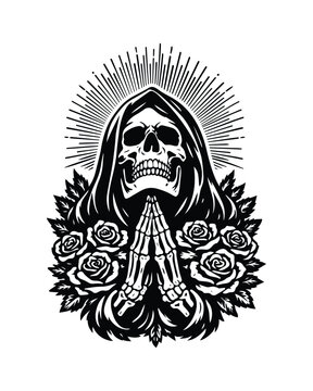 Grim Reaper Praying with Roses, Gothic Skull Illustration