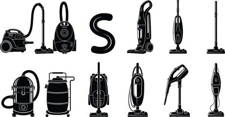 Vacuum cleaner silhouettes collection with household cleaning appliances, upright and canister machines set, black vector illustration of home equipment isolated on white background © Asha Moni