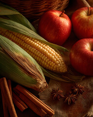 Autumn Harvest Abundance With Ripe Red Apples Sweet Corn And Cinnamon Sticks On Rustic Table