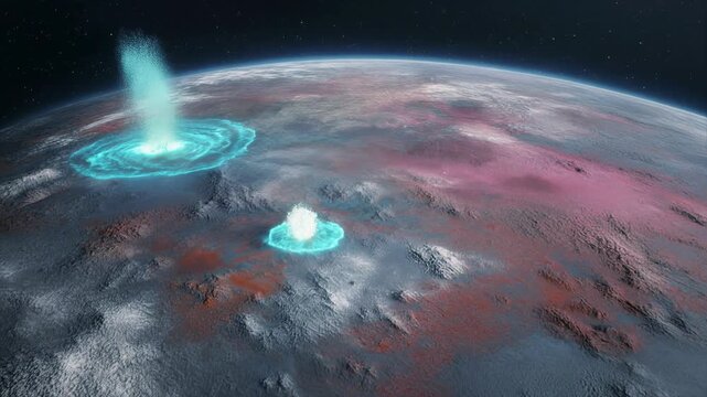 Animated view of Triton's active nitrogen geysers erupting into space