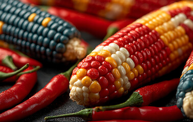 Close Up Of Multi Colored Indian Corn And Red Chili Peppers On Dark Surface