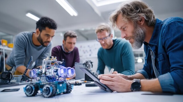 Engineers collaborate on a robotic project, focused on technology and innovation.