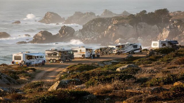 Medium shot showcasing multiple RV rigs stationed along a coastal bluff emphasizing the rugged shoreline and distant ocean waves faded in the background