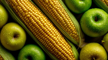 Fresh Green Apples And Ripe Corn Kernels Covered In Water Droplets And Glitter