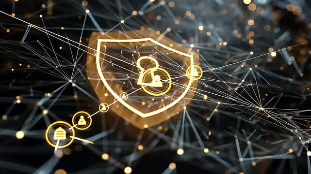 Digital security concept with a glowing shield and lock symbol amidst a network of connections