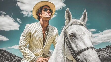 Stylish Cowboy Riding White Horse