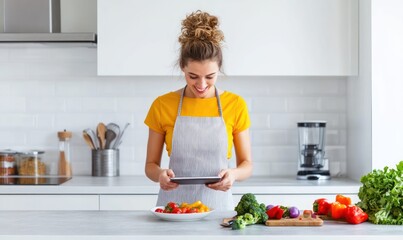 A woman happily takes a photo of a plate of fresh vegetables in her modern kitchen setting.