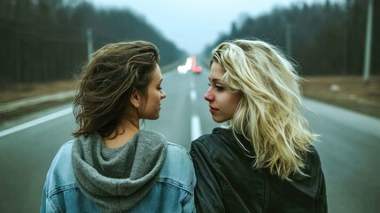 Two friends facing each other on a foggy road, deep in thought, amidst a scenic backdrop.