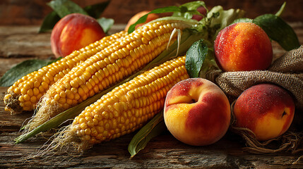 Fresh Ripe Peaches And Corn On The Cob With Water Droplets On Wooden Surface
