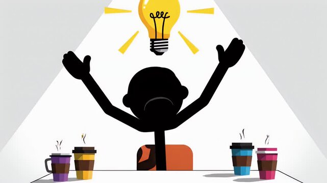 Stickman Character Experiencing Fatigue Then Having A Bright Idea Surrounded By Coffee Cups Animated on White Background