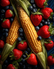 Golden Corn Cob Surrounded by Ripe Strawberries and Blueberries on a Dark Blue Textured Surface